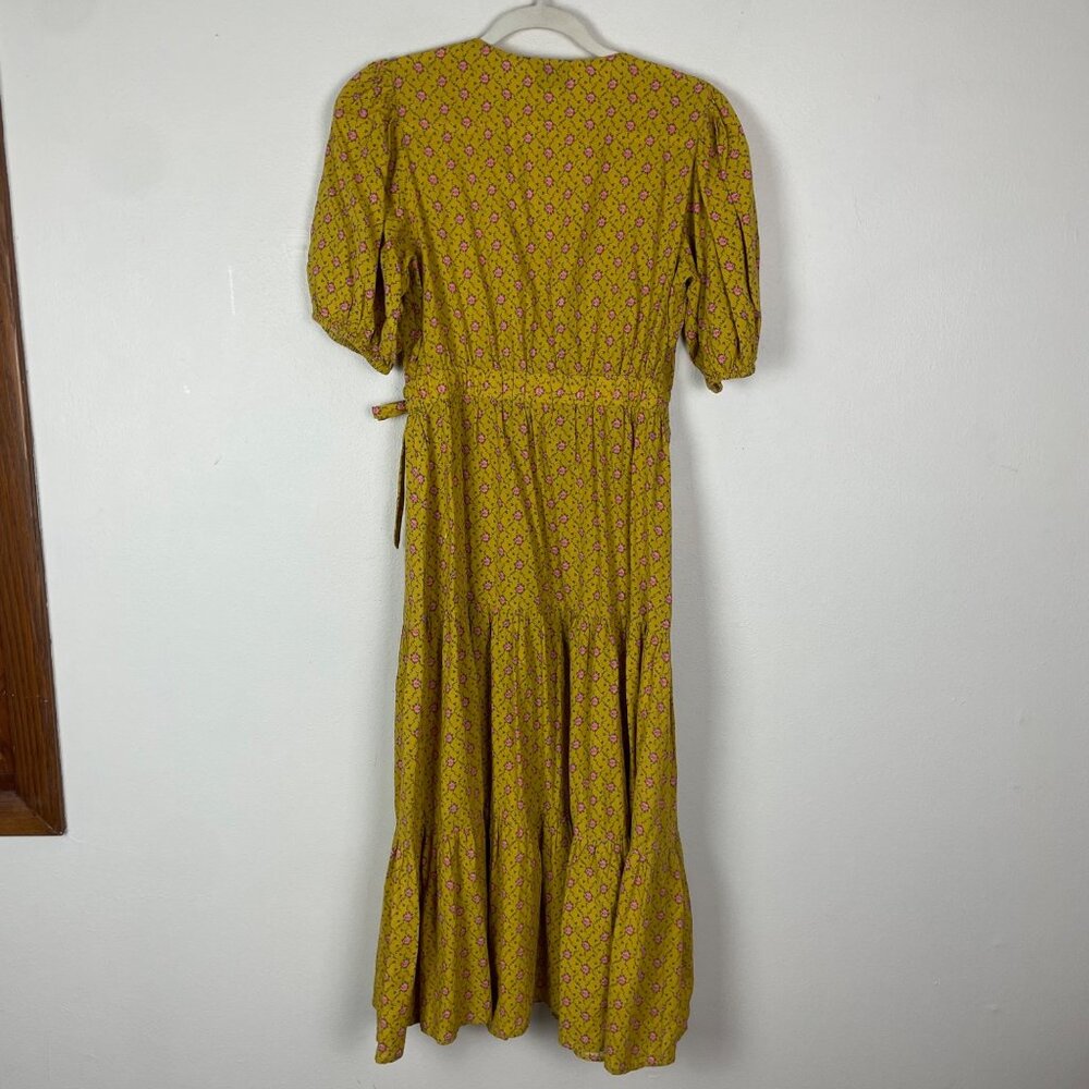 Frnch Paris Yellow Floral Wrap Midi Dress S V-Neck Puff Sleeves Cinch Waist Tie - Picture 8 of 10